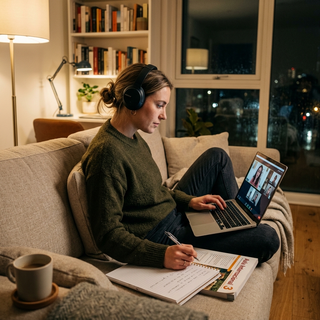 Pessoa estudando espanhol sozinha com recursos online