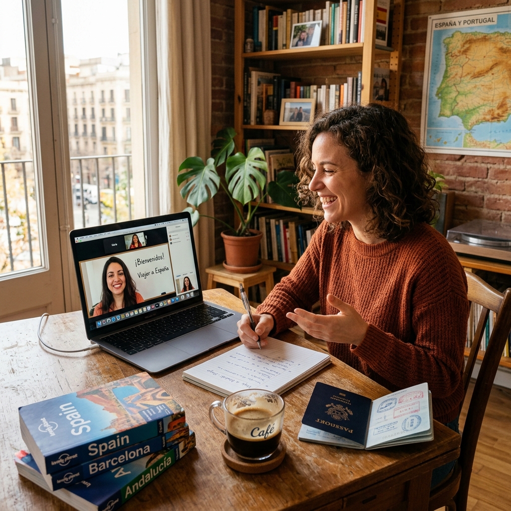 Brasileira estudando espanhol para viagem em aula online